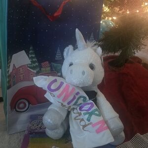 Glittery Unicorn Plush with Colorful Text